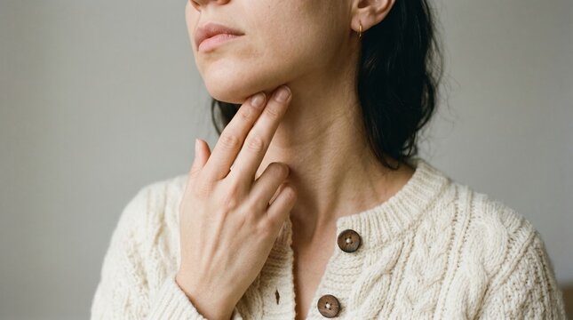 Close up of woman checking her thyroid or neck for lumps with self examination medical check health condition