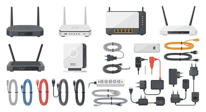 Collection of wireless routers, modems, power adapters and cables