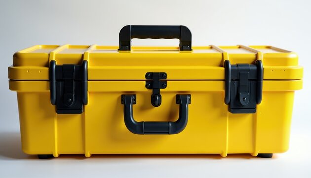 Yellow rugged toolbox with black latches and handle. It is an empty container for tools and equipment. This case offers secure storage for construction or repair gear.