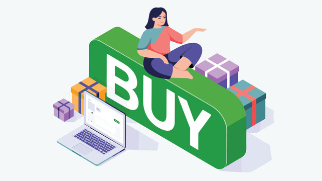 Woman sitting cross-legged on a large green 3D icon with an open laptop and gift packages for online shopping and retail tasks.