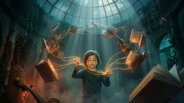 Young Boy Using Telekinesis Magic Power To Float Books And Violin In Mysterious Overgrown Glass Dome Library