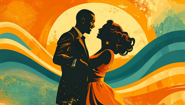 Vintage 1940s Jazz Album Cover Style Vector Illustration with Silhouettes of a Happy Romantic Couple Dancing and Hugging Against a Vibrant Sunset Retro Background