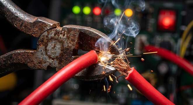 Red electrical wire being cut with sparks using wire cutters