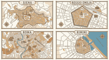 Naklejka premium Vintage Italian City Maps: Siena, Reggio Emilia, Rome, Rimini