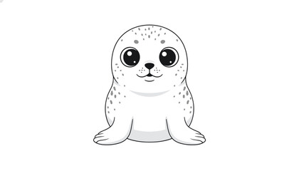 Fototapeta premium Cute cartoon harbor seal cub with big shiny black eyes and spotted white fur, isolated on a clean white background.