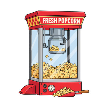 Cartoon red popcorn machine with fresh popcorn and scoop on white background