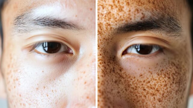 This shows a close up view of two different skin textures on a human face highlighting freckles and smooth skin sides