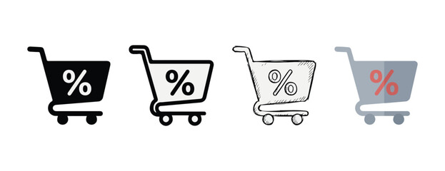 Shopping cart icons featuring percentage signs in various styles including solid outline sketch and color perfect for ecommerce websites marketing promotions and discount offers © Rayhan