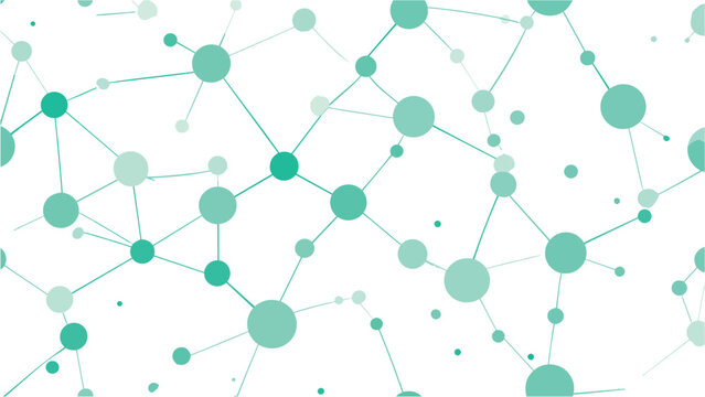 Fresh teal molecule network seamless pattern with connected dots and lines on white background, modern science-inspired design for tech branding, textile, wallpaper, and digital backgrounds.