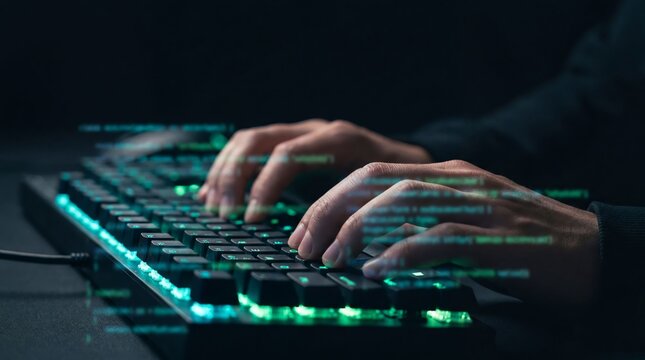 Close-up of hands typing on a backlit mechanical keyboard with programming code in a dark room