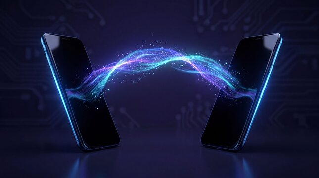Two smartphones with a glowing particle light wave connecting them on a dark circuit background, data transfer concept