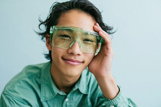 Teen with wet hair wearing green safety goggles and green shirt for science education poster and lab safety background design