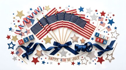 Obraz premium Patriotic 4th of July celebration, American flag, stars, ribbons, USA Independence Day decoration