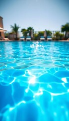 Fototapeta premium Crystal clear water glistens in a sunlit outdoor pool, reflecting azure skies , serene, blue