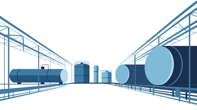 Perspective view of industrial storage tanks and steel pipe frameworks inside a chemical refinery plant for energy processing operations.