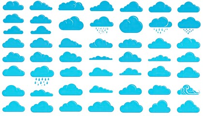 Fototapeta premium A collection of blue, cartoon-style cloud illustrations isolated on white