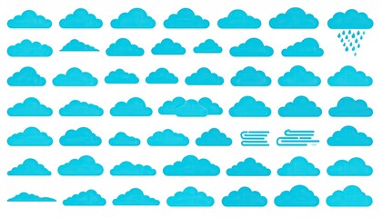 Fototapeta premium A collection of blue stylized cloud illustrations, ranging in shapes and sizes, on a white background
