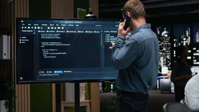 Manager analyzes code on screen, makes phone call to ask for better automation of business tasks in workspace. Supervisor talking on smartphone checks programming language scripts on monitor.