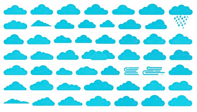 A collection of blue stylized cloud illustrations, ranging in shapes and sizes, on a white background