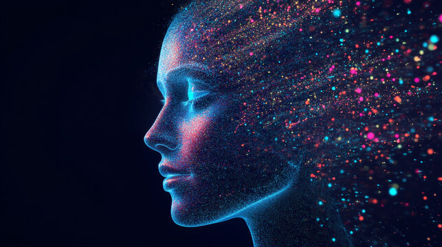Futuristic technology-themed female profile with flowing particle effects, representing AI, data, and digital consciousness.