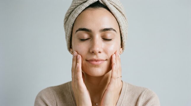 Young woman with towel on head applying natural skincare cream on her face for morning beauty routine, self care
