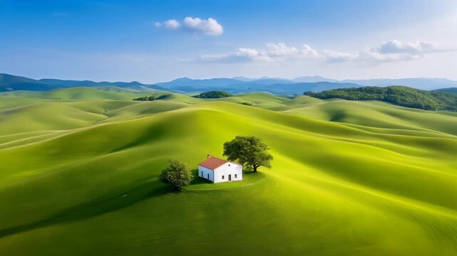 Idyllic minimalist landscape with a tiny white house and single tree on vast bright green rolling hills