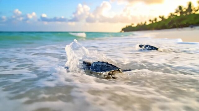 Tiny sea turtles crawl across the sandy beach at sunrise