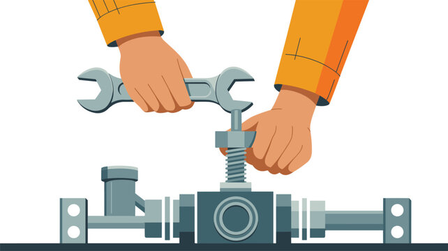 Hands in yellow sleeves using a silver wrench to tighten a bolt on a complex industrial valve and pipe system for fluid control.