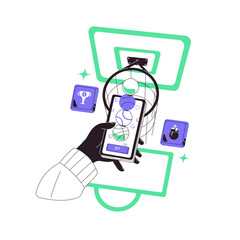 Naklejka premium Concept of sport betting. Online gambling. Bookmaker mobile phone app. Human hand holding smartphone and playing wagering, fortune games. Flat isolated outline vector illustration on white background