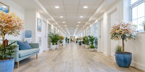 Fototapeta premium Bright long office corridor lined with potted plants and seating for hallway background and public interior wallpaper