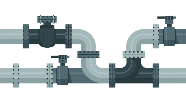 Industrial pipe system featuring multiple steel valves and bolted flanges for controlled fluid transport in chemical processing plants.