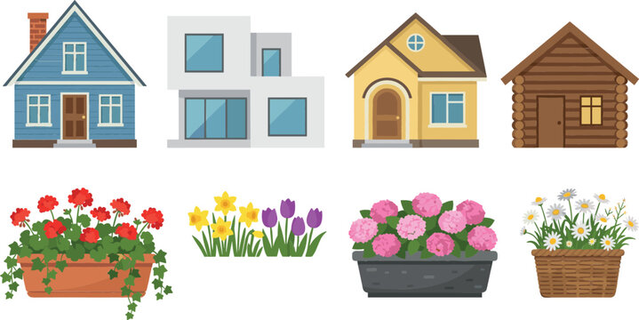 Modern and traditional house architecture vector set with cottage villa log cabin and beautiful spring flower boxes for real estate gardening design