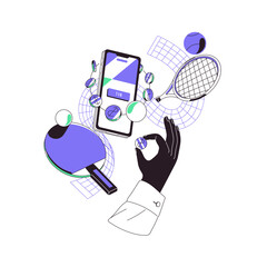 Naklejka premium Online sports betting concept. Person with coin in hand is wagering in bookmaker app. Gambling in smartphone. Playing fortune games in phone. Flat isolated outline vector illustration on white