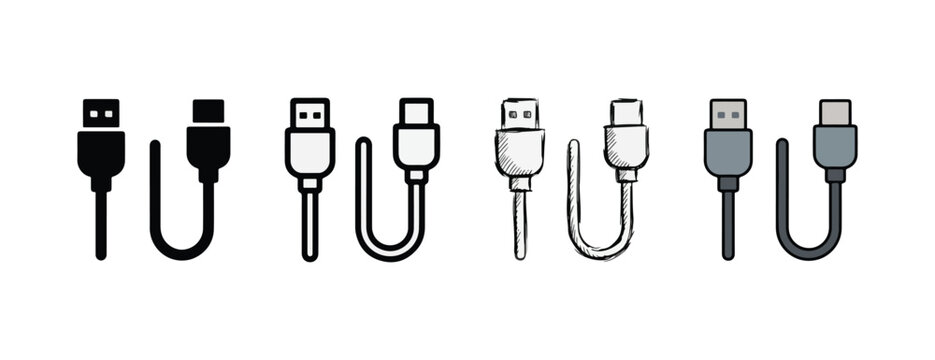 Various USB cable types including standard mini micro and type C connectors illustrated in black white and grey isolated on transparent background
