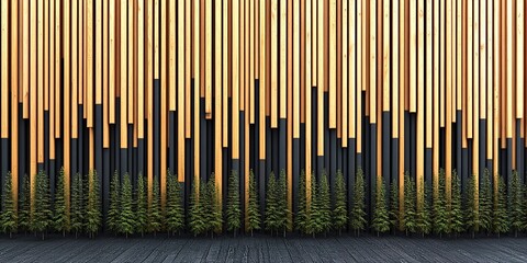 Obraz premium A modern wooden fence with vertical slats at sunset behind evergreen trees