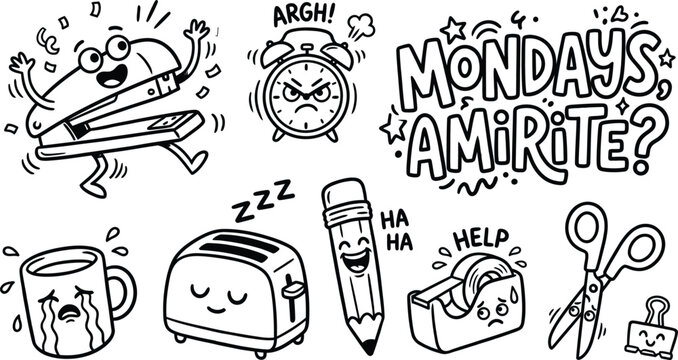 Doodle style office supplies and alarm clock expressing monday blues and exhaustion.