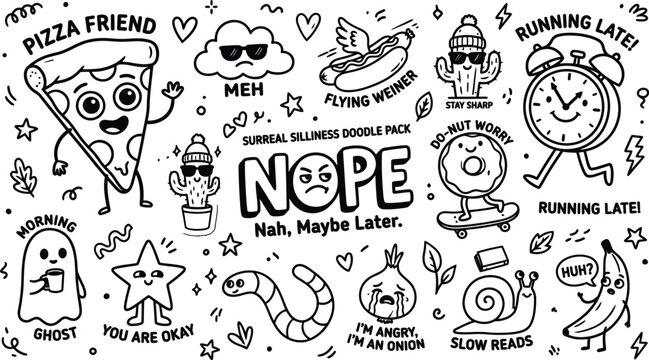 Surreal silliness doodle pack with funny characters and random objects.