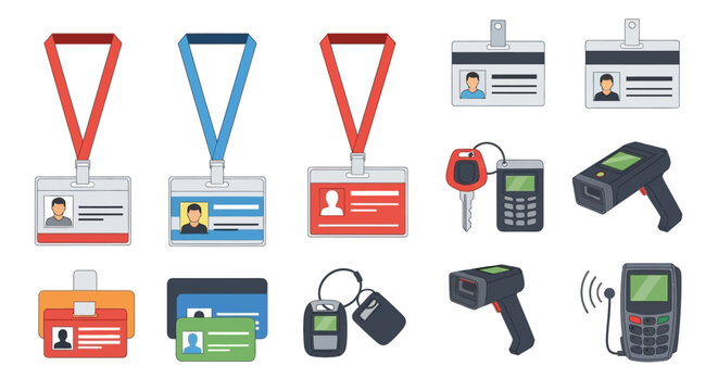 Identification Badges, Access Cards, Keys and Security Devices Vector Set