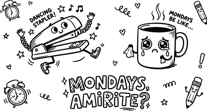 Happy dancing stapler and crying mug with monday blues text doodles.
