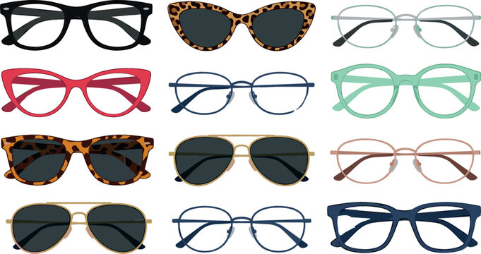 Modern fashion glasses and sunglasses vector set with different frames including aviator cat eye and round shapes for optical store design