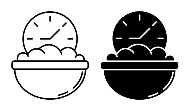 Linear icon. Bowl of oatmeal and a clock showing breakfast time. Simple black and white vector symbol isolated on white background