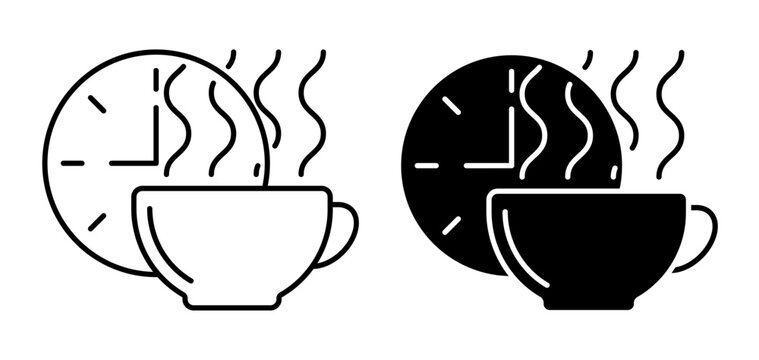 Linear icon. Clock showing morning time and hot cup of tea. Simple black and white vector symbol isolated on white background