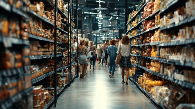Group of Shoppers Walking in a Busy Modern Supermarket, Selecting Food Products from Well Stocked Shelves. People Browsing Fresh Produce and Essentials. Footage with Fast Forward Effect, photorealisti