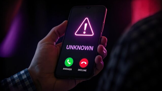 Close up of person holding smartphone with neon purple hazard warning screen from an unknown caller
