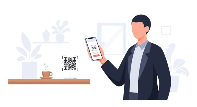 Man scanning QR code with smartphone for contactless payment or information