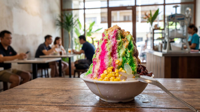 Colorful Ais Kacang Dessert in a Cafe