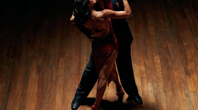 Passionate Couple Engaged in Elegant Tango Dance on a Gleaming Wooden Floor, Capturing Intimacy and Grace in a Romantic Atmosphere