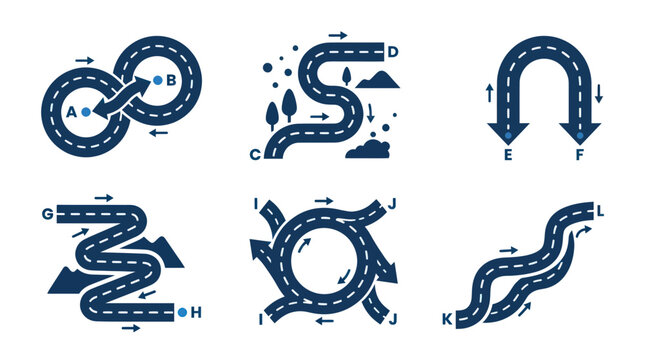 Road Navigation and Pathfinding Icons: Loops, U-turns, Roundabouts, and Winding Routes