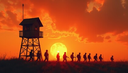 Obraz premium Group of soldiers walk in silhouette at sunset near watchtower. Fiery orange sky with sun and clouds. Men carry rifles on grassy field. Military patrol, border guard.