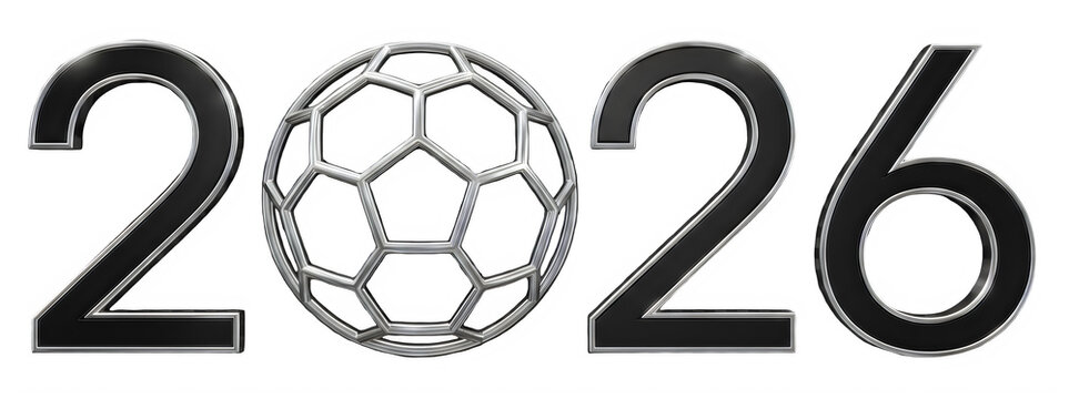 minimalist black and silver 2026 football year mark with stylized soccer ball zero, isolated transparent png luxury sports design